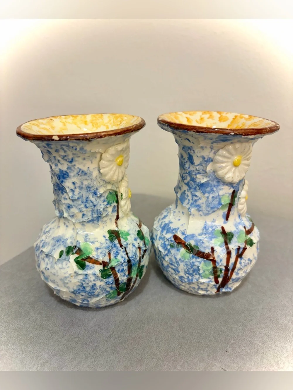 Pair Vintage Italy Hand-Painted Floral Textured Vases Blue White Signed 4.5”